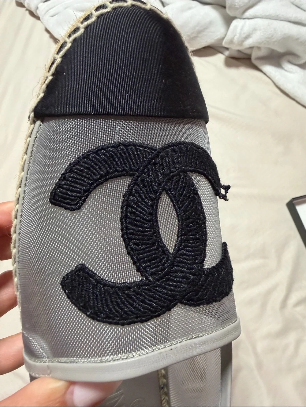AUTHENTIC CHANEL Black & Gray Mesh Espadrilles with Jute Sole